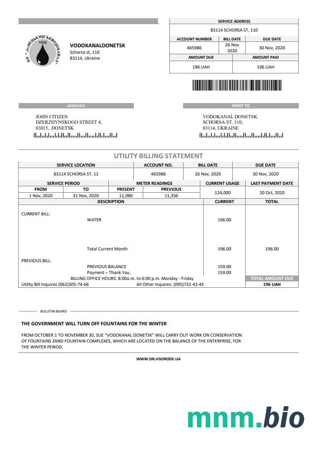 Ukraina Vodokanal Donieck (Донецькмиськводоканал) szablon rachunku za media w formacie Word i PDF